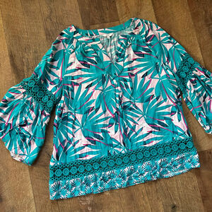Women's Crown & Ivy Teal & Pink Leaf Print Blouse with Crochet Trim - Size L